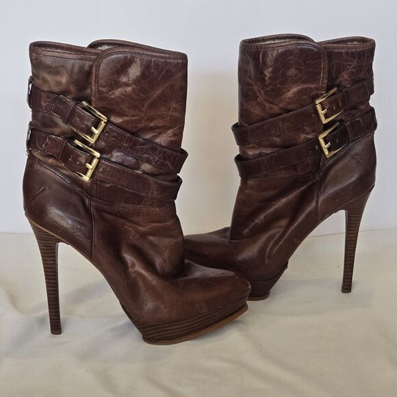 Michael Kors Distressed Leather Mocha Mae Platform Shearling Boots Size 8.5 - Picture 2 of 9